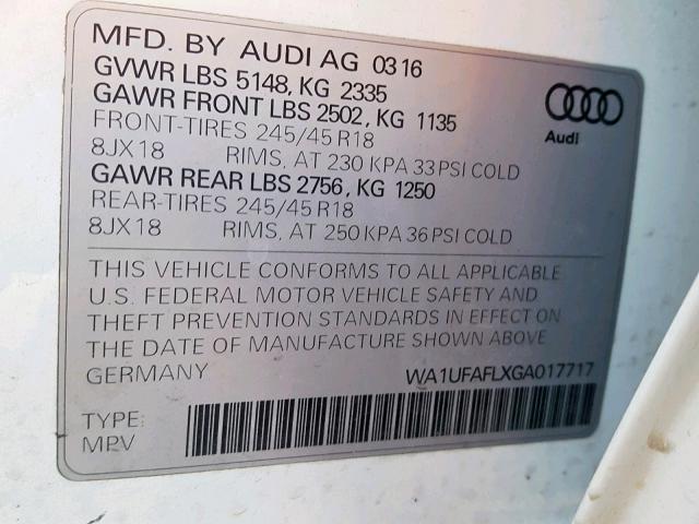 VIN WA1UFAFLXGA017717 2016 Audi A4, Premium Plus no.10