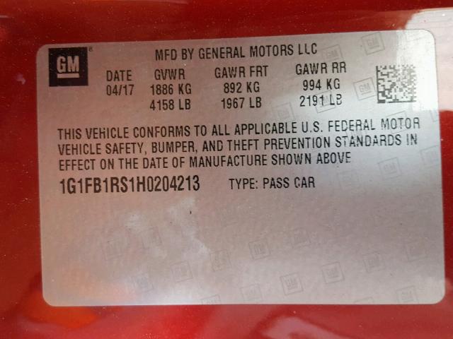 2017 CHEVROLET CAMARO LT - 1G1FB1RS1H0204213
