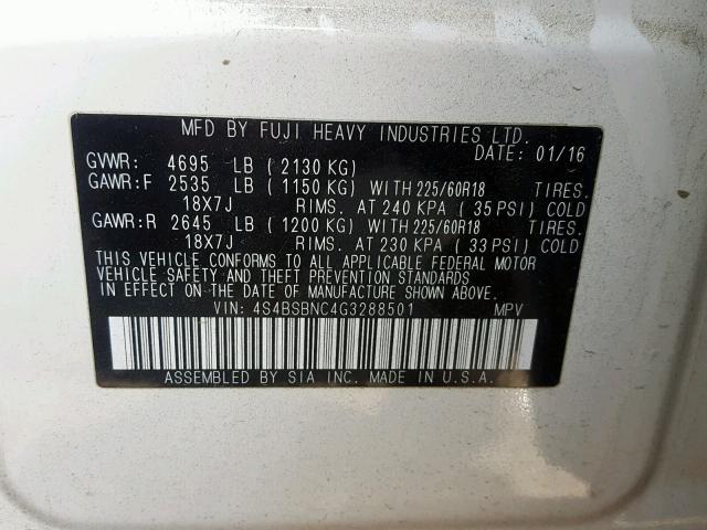 2016 SUBARU OUTBACK 4S4BSBNC4G3288501