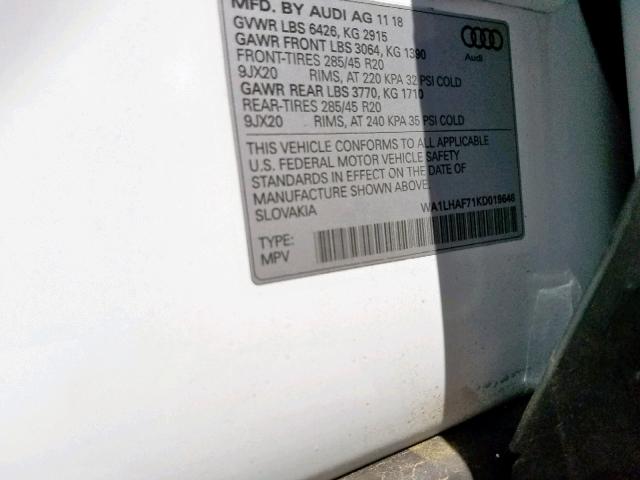 VIN WA1LHAF71KD019646 2019 Audi Q7, Premium Plus no.10