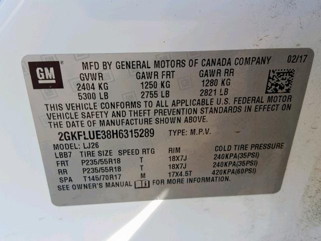 VIN WP0CA2A95MS239590 2017 GMC TERRAIN SL no.10