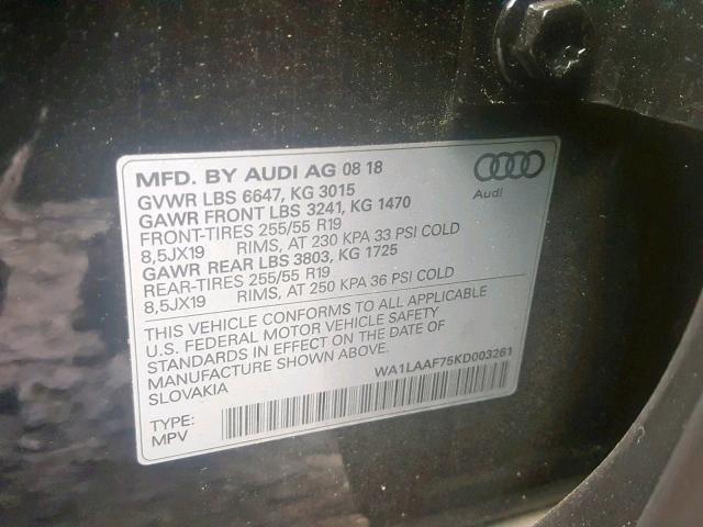 VIN WA1LAAF75KD003261 2019 Audi Q7, Premium Plus no.10