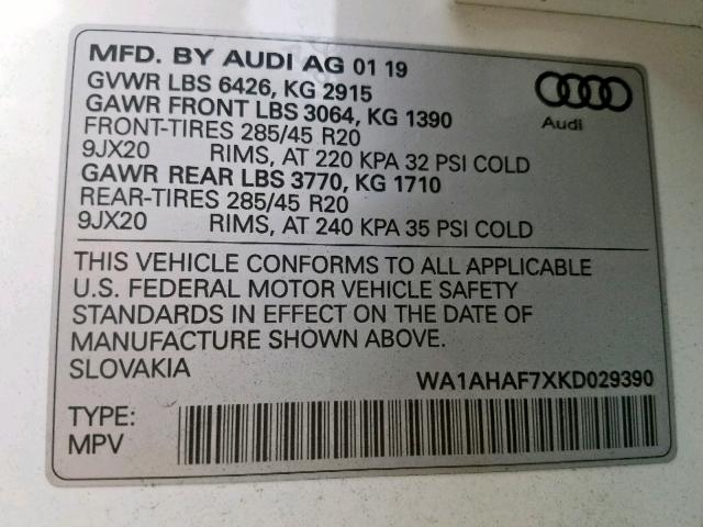 VIN WA1AHAF7XKD029390 2019 Audi Q7, Premium no.10