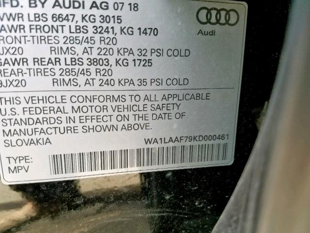 VIN WA1LAAF79KD000461 2019 Audi Q7, Premium Plus no.10