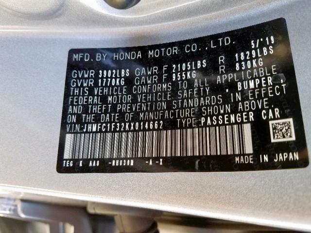 2019 HONDA CIVIC EX JHMFC1F32KX014662