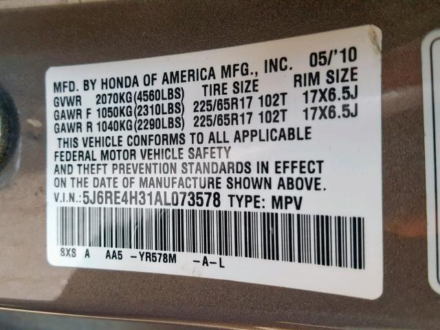 2010 HONDA CR-V LX 5J6RE4H31AL073578