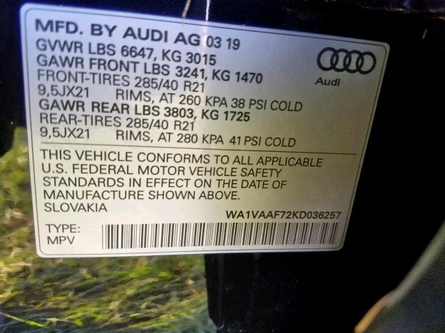 VIN WA1VAAF72KD036257 2019 Audi Q7, Prestige no.10