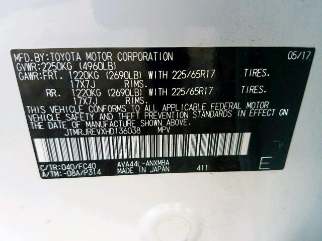 2017 TOYOTA RAV4 HV LE JTMRJREVXHD136038