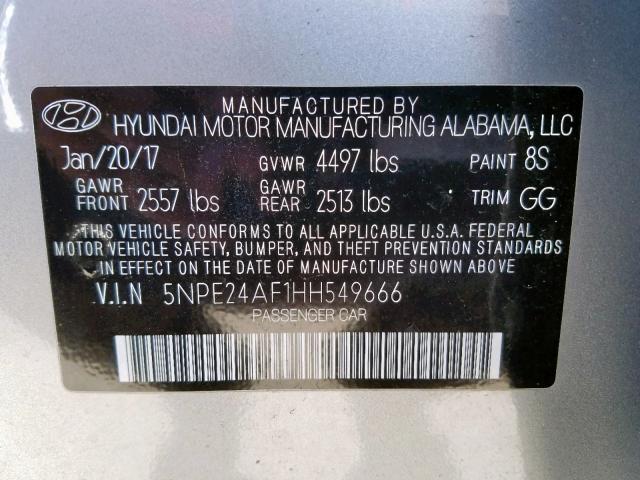 VIN 5NPE24AF1HH549666 2017 Hyundai Sonata, SE no.10