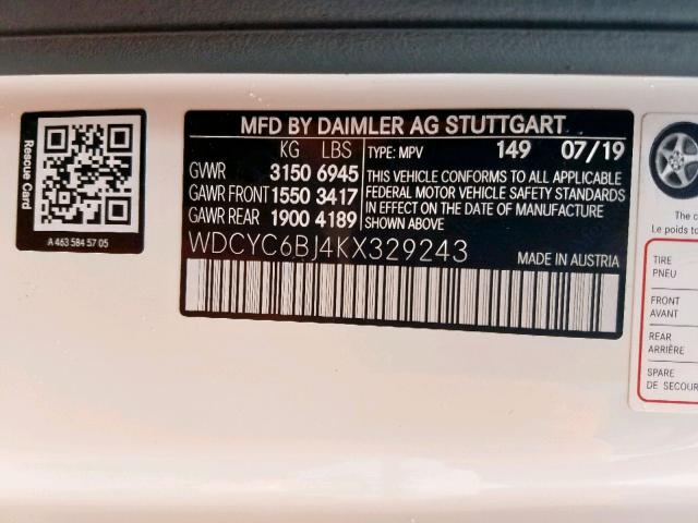 VIN WDCYC6BJ4KX329243 2019 Mercedes-Benz G-Class, 550 no.10