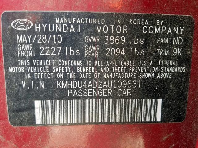 2010 HYUNDAI ELANTRA BL KMHDU4AD2AU109631