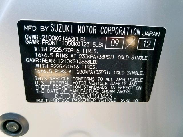 VIN JS3TD0D63D4100433 2013 Suzuki Grand Vitara, Pre... no.10