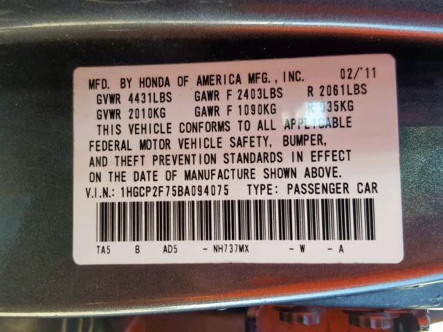 2011 HONDA ACCORD EX 1HGCP2F75BA094075