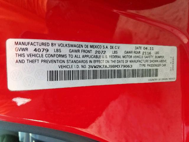 2011 VOLKSWAGEN JETTA BASE 3VW2K7AJ9BM379063