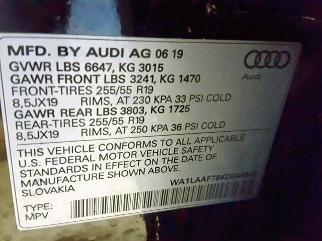 VIN WA1LAAF78KD046847 2019 Audi Q7, Premium Plus no.10