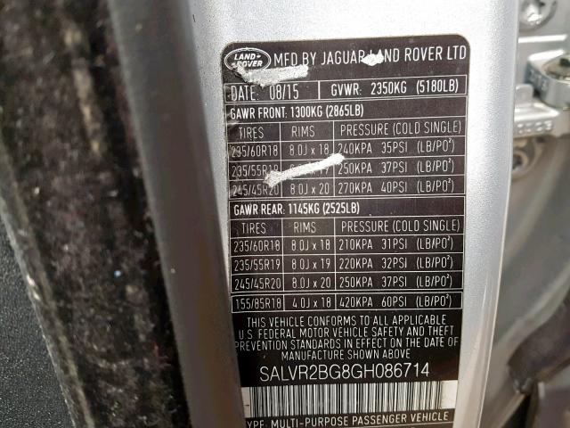 2016 LAND ROVER RANGE ROVE SALVR2BG8GH086714