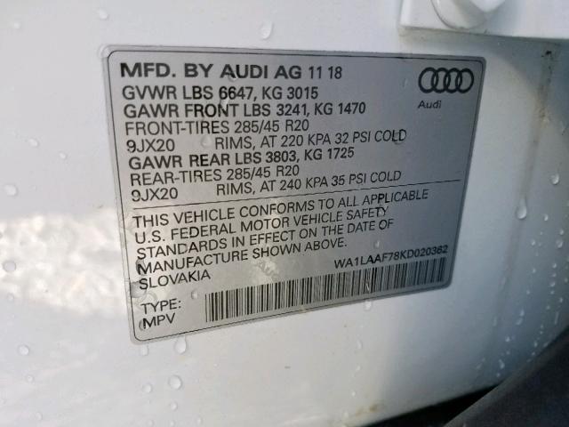 VIN WA1LAAF78KD020362 2019 Audi Q7, Premium Plus no.10