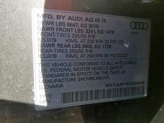 VIN WA1LAAF7XKD045036 2019 Audi Q7, Premium Plus no.10