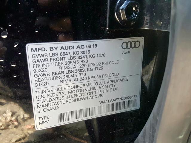 VIN WA1LAAF77KD006677 2019 Audi Q7, Premium Plus no.10