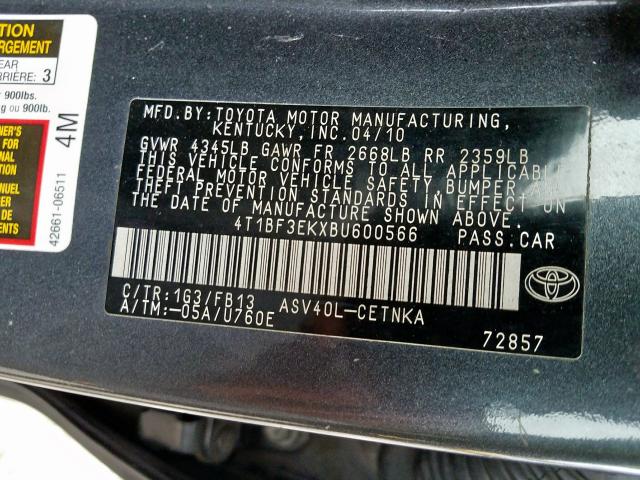 2011 TOYOTA CAMRY BASE 4T1BF3EKXBU600566