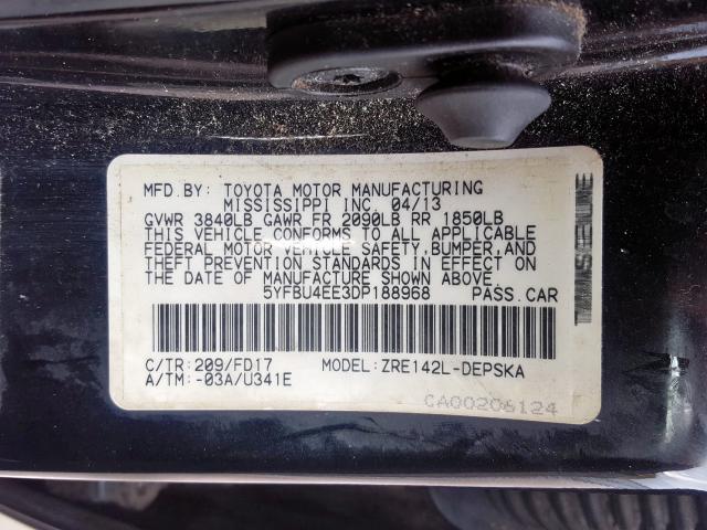 2013 TOYOTA COROLLA BA 5YFBU4EE3DP188968