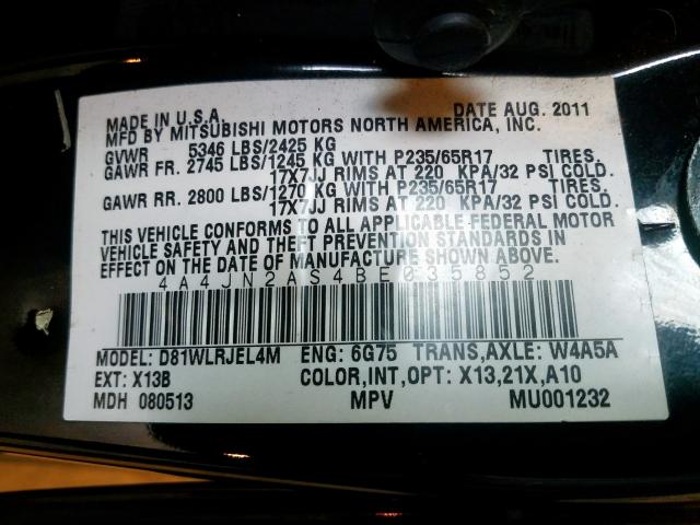 2011 MITSUBISHI ENDEAVOR L 4A4JN2AS4BE035852