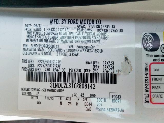 2012 LINCOLN MKZ HYBRID 3LNDL2L31CR808142