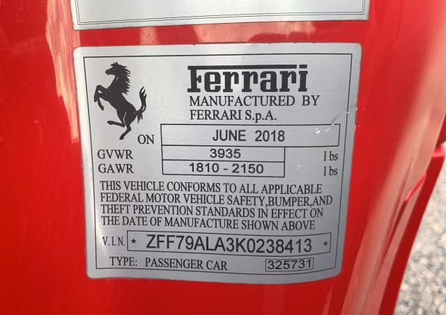 VIN ZFF79ALA3K0238413 2019 Ferrari 488 no.10