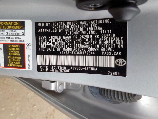 2012 TOYOTA CAMRY BASE 4T4BF1FK3CR172544