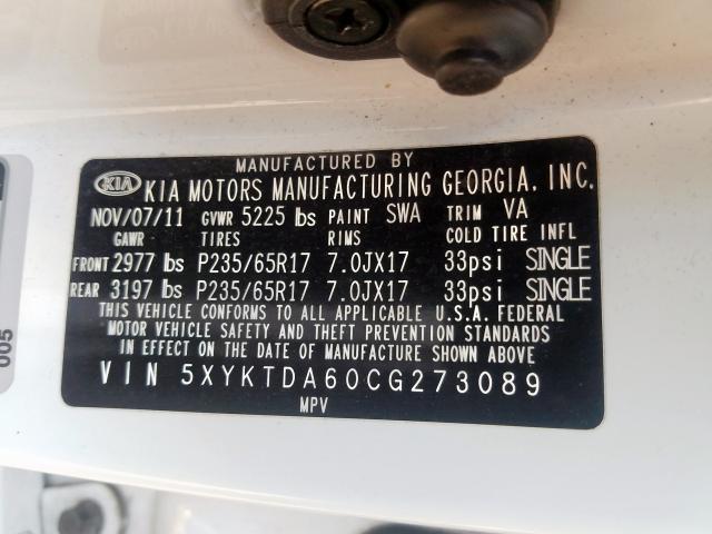 2012 KIA SORENTO BA 5XYKTDA60CG273089