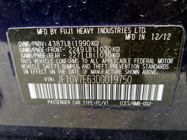 2013 SUBARU IMPREZA WR JF1GV7E63DG019750