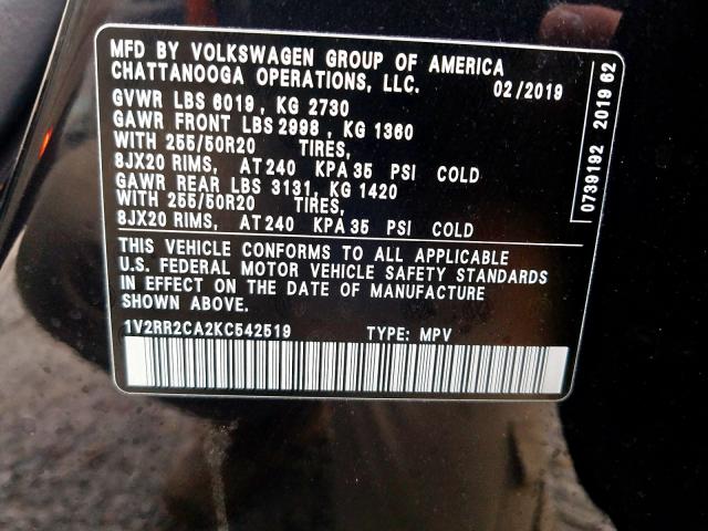 2019 VOLKSWAGEN ATLAS SEL 1V2RR2CA2KC542519
