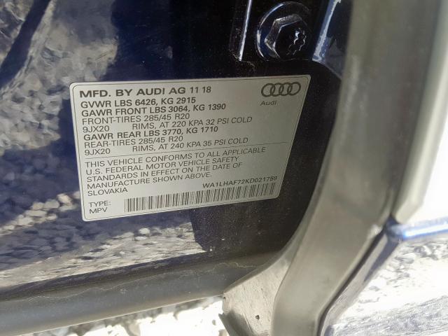 VIN WA1LHAF72KD021759 2019 Audi Q7, Premium Plus no.10