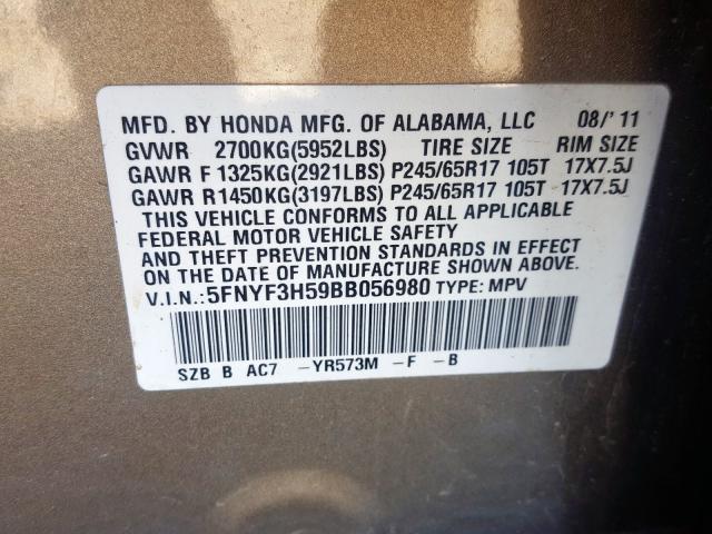 2011 HONDA PILOT EXL 5FNYF3H59BB056980