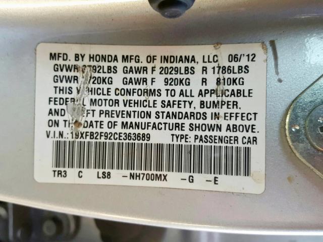 2012 HONDA CIVIC EXL 19XFB2F92CE363689