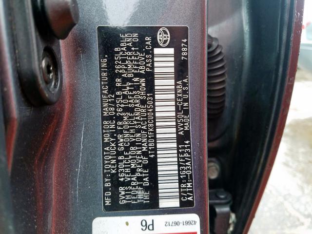 2012 TOYOTA CAMRY HYBR 4T1BD1FK8CU045031