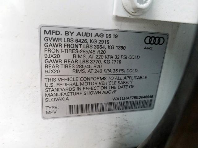 VIN WA1LHAF75KD046946 2019 Audi Q7, Premium Plus no.10