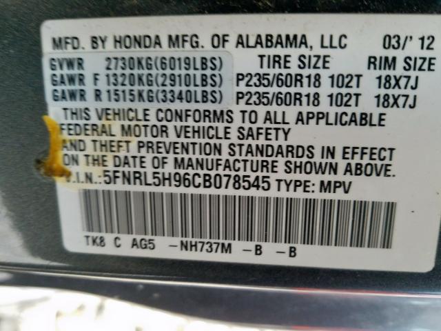 2012 HONDA ODYSSEY TO 5FNRL5H96CB078545