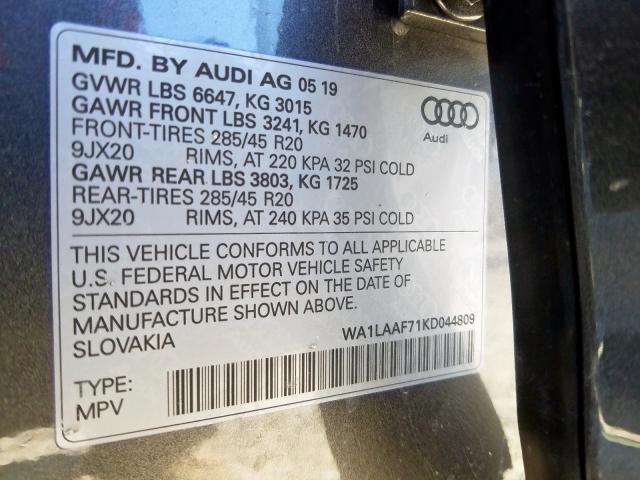 VIN WA1LAAF71KD044809 2019 Audi Q7, Premium Plus no.10