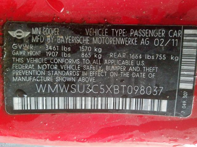 2011 MINI COOPER WMWSU3C5XBT098037