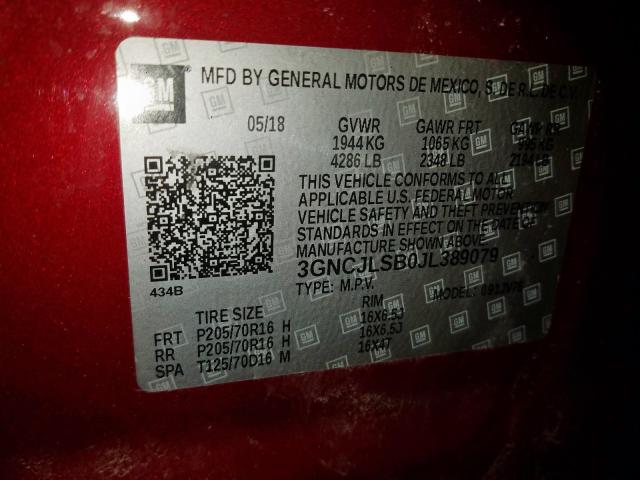 2018 CHEVROLET TRAX 1LT 3GNCJLSB0JL389079
