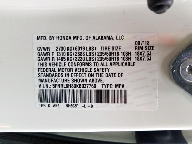 2019 HONDA ODYSSEY TO 5FNRL6H89KB037760