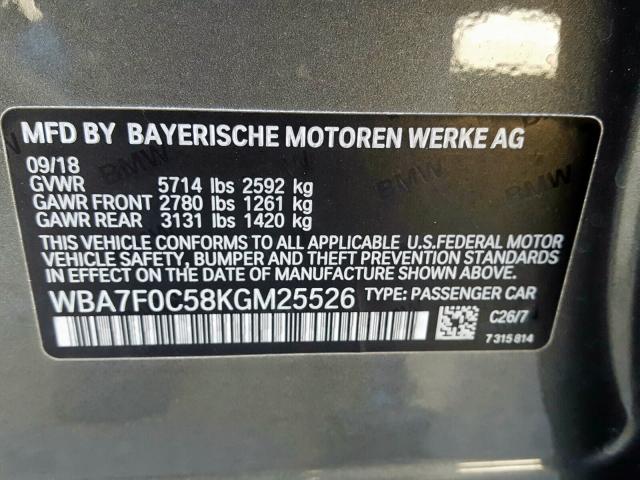 VIN WBA7F0C58KGM25526 2019 BMW 7 Series, 750 I no.10