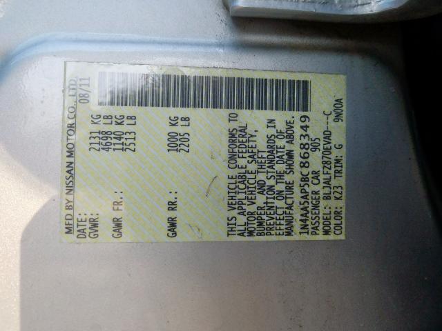 2011 NISSAN MAXIMA S 1N4AA5AP5BC868349