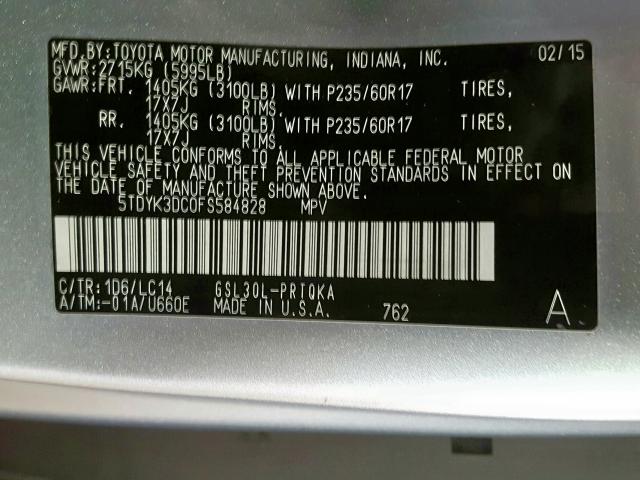 2015 TOYOTA SIENNA XLE 5TDYK3DC0FS584828