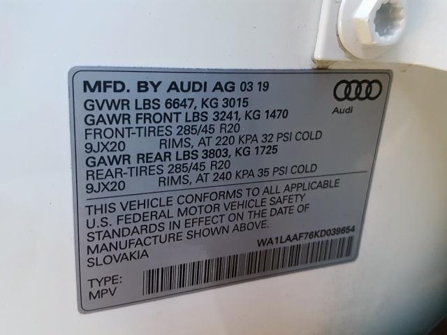 VIN WA1LAAF76KD039654 2019 Audi Q7, Premium Plus no.10