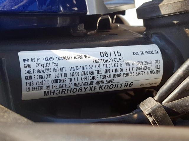 2015 YAMAHA YZFR3 MH3RH06YXFK008196
