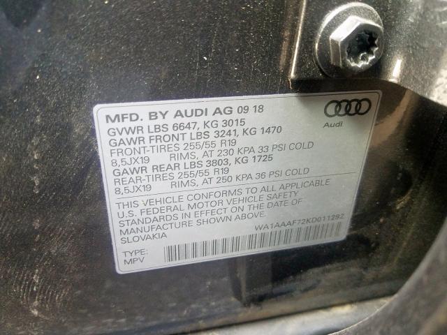 VIN WA1AAAF72KD011292 2019 Audi Q7, Premium no.10