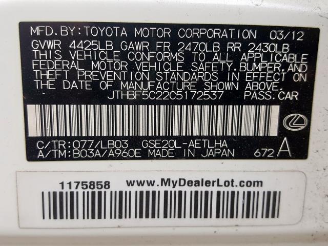 2012 LEXUS IS 250 JTHBF5C22C5172537