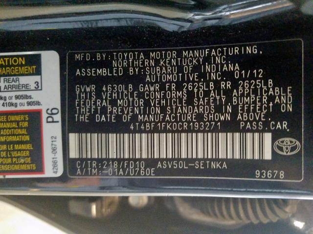 2012 TOYOTA CAMRY BASE 4T4BF1FK0CR193271